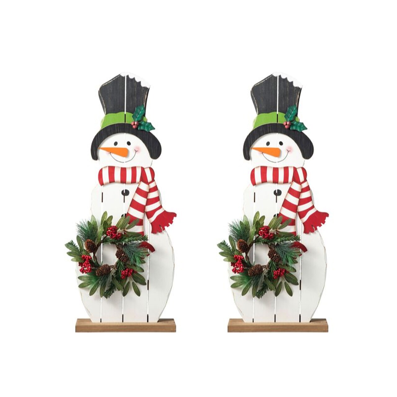 Set of 2 36"H Christmas Wooden/Metal Snowman Porch Decor with Floral Wreath
